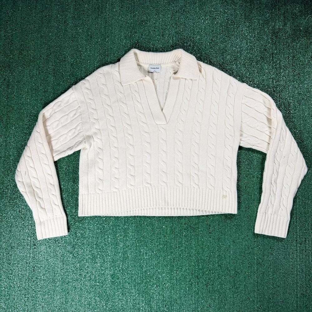 Womens Sunday Best Lottie Sweater Size Small White Cable Knit Polo